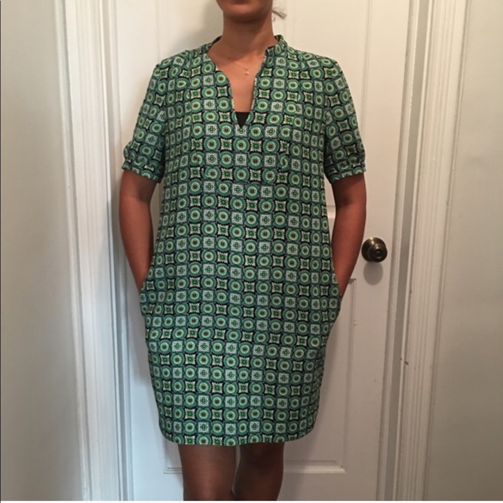 Printed crepe bib shirttail dress w/ pockets 6